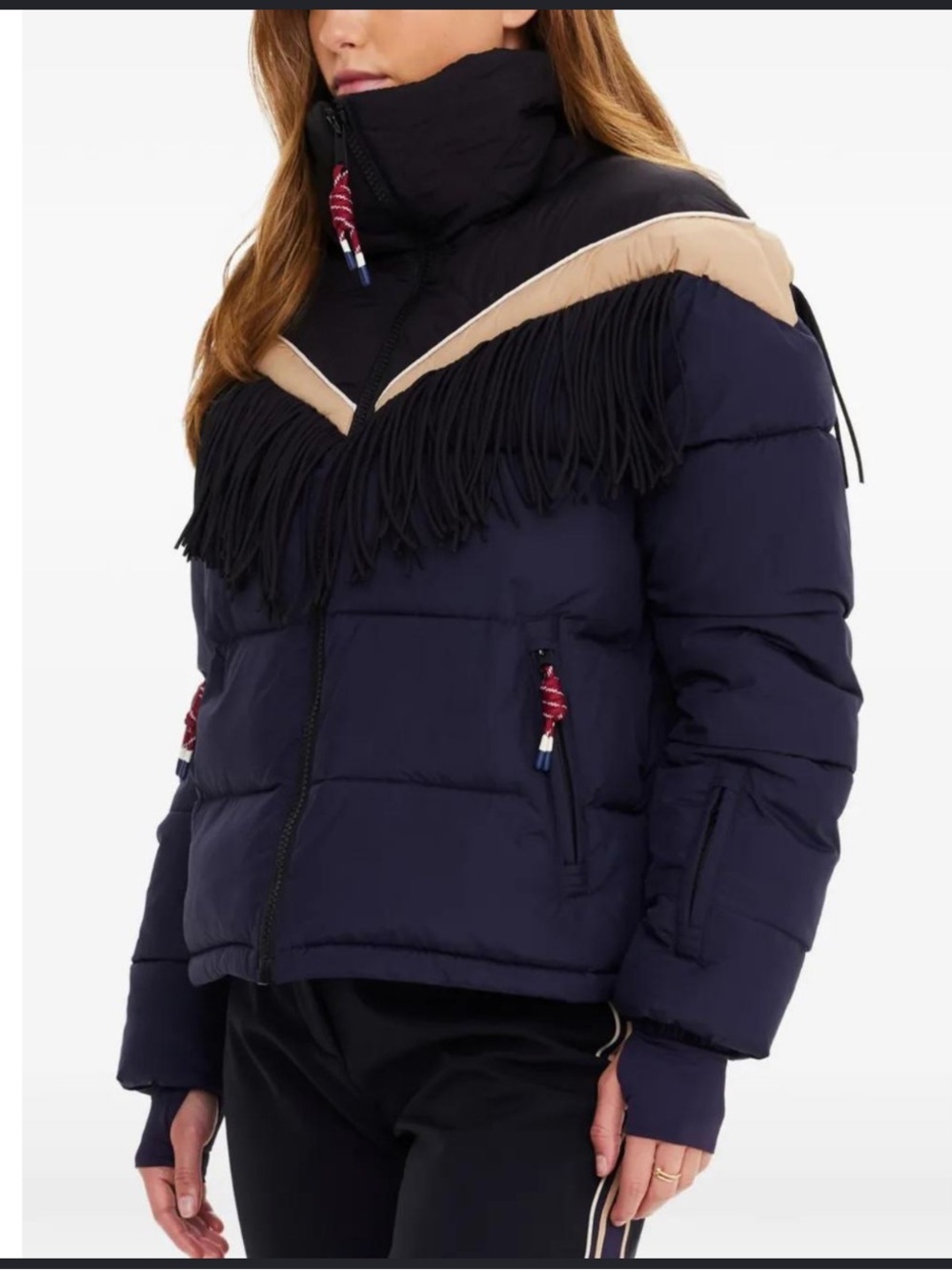 The Upside Navy and Beige Fringe Puffer Jacket